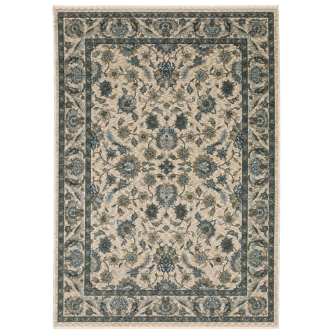 2' X 3' Beige And Blue Oriental Area Rug With Fringe