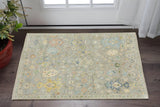 2' X 3' Gray Blue And Yellow Wool Oriental Hand Knotted Area Rug With Fringe