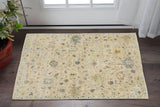 2' X 3' Beige Blue And Yellow Wool Oriental Hand Knotted Area Rug With Fringe