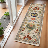 6' Ivory Red And Blue Oriental Runner Rug With Fringe