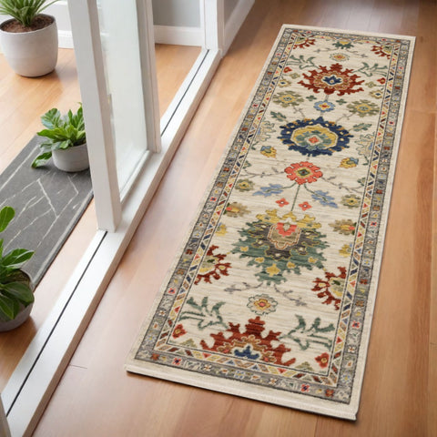 6' Ivory Red And Blue Oriental Runner Rug With Fringe