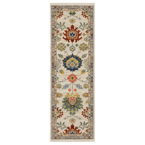 6' Ivory Red And Blue Oriental Runner Rug With Fringe