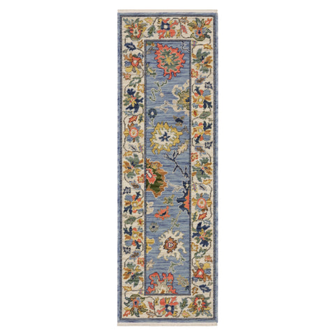 6' Blue Green And Ivory Oriental Runner Rug With Fringe