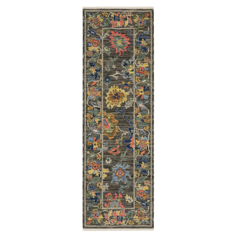6' Gray Yellow And Blue Oriental Runner Rug With Fringe