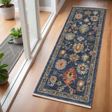 6' Blue Yellow And Ivory Oriental Runner Rug With Fringe