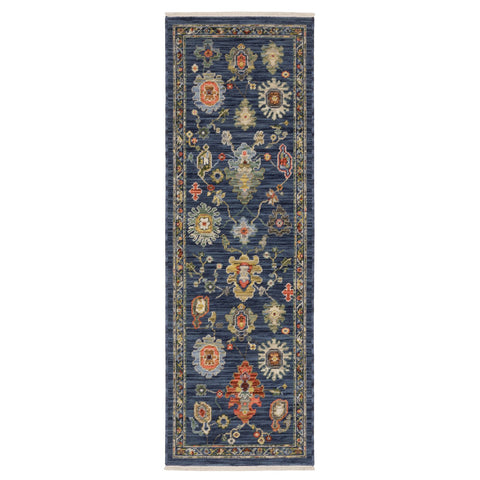 6' Blue Yellow And Ivory Oriental Runner Rug With Fringe