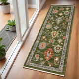 6' Green Gray And Light Blue Oriental Runner Rug With Fringe