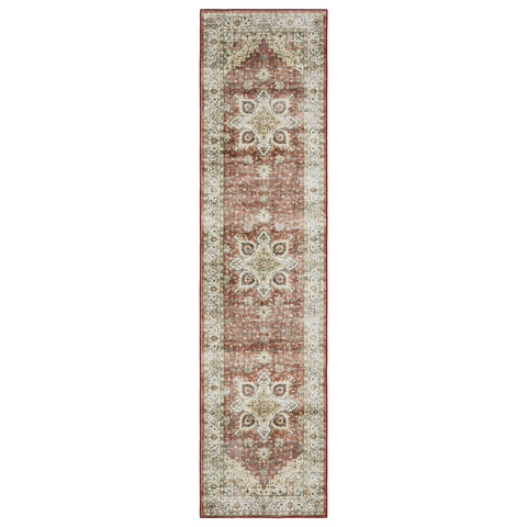 8' Red And Ivory Oriental Distressed Runner Rug