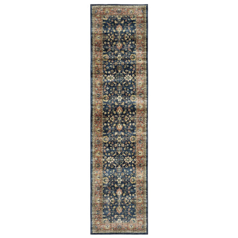 8' Blue And Rust Oriental Distressed Runner Rug