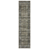 8' Charcoal And Blue Oriental Distressed Runner Rug