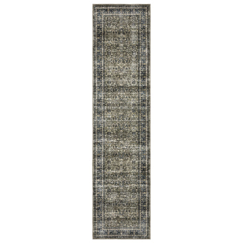 8' Charcoal And Blue Oriental Distressed Runner Rug