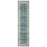 8' Teal And Ivory Oriental Distressed Runner Rug