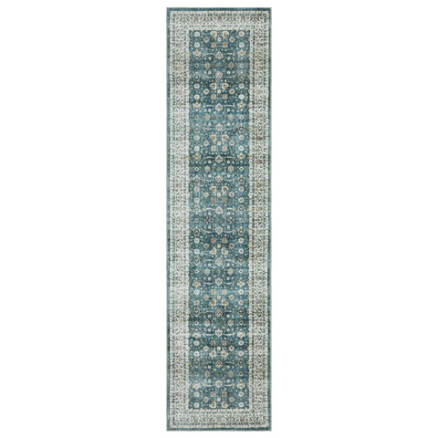 8' Teal And Ivory Oriental Distressed Runner Rug