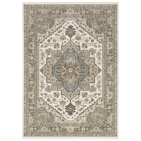 3' X 5' Ivory And Gold Medallion Distressed Area Rug With Fringe