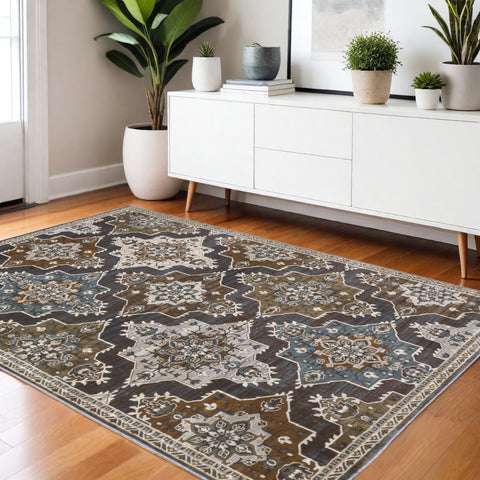4' X 6' Gray And Blue Medallion Area Rug