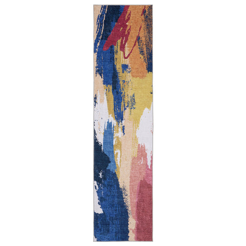 8' Blue And Gold Abstract Distressed Runner Rug