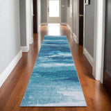 8' Sky Blue And Ivory Abstract Distressed Runner Rug