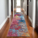 8' Blue Ivory And Orange Abstract Distressed Runner Rug