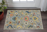 3' X 5' Gray Yellow And Blue Oriental Area Rug With Fringe