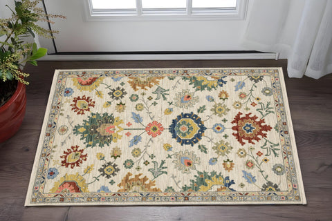 3' X 5' Ivory Blue And Red Oriental Area Rug With Fringe