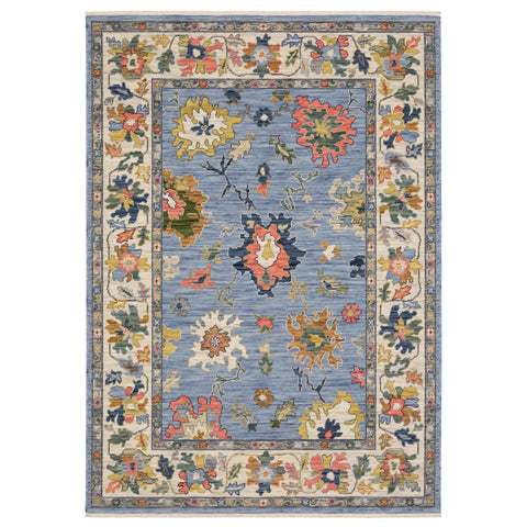 3' X 5' Blue Yellow And Ivory Oriental Area Rug With Fringe