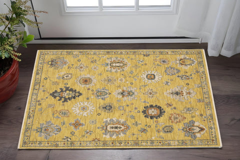 3' X 5' Yellow Ivory And Gray Oriental Area Rug With Fringe
