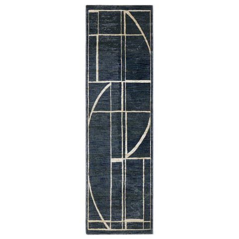 8' Blue And Ivory Geometric Runner Rug
