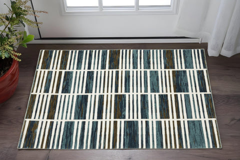 3' X 5' Ivory And Blue Geometric Area Rug
