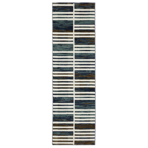 8' Ivory And Blue Geometric Runner Rug
