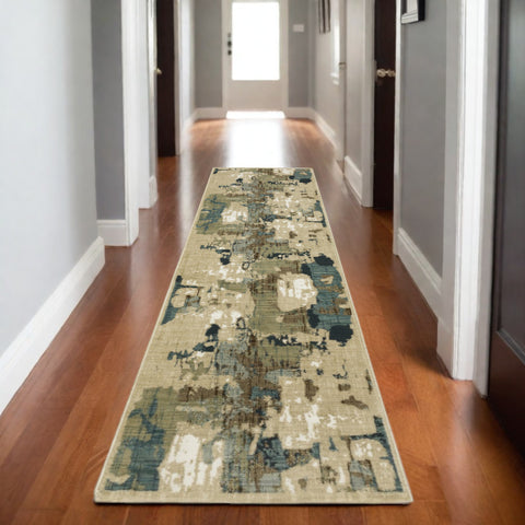 8' Beige Blue And Brown Abstract Runner Rug