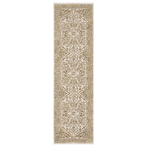 8' Ivory And Gold Oriental Runner Rug