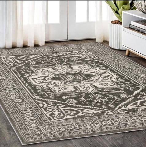 5' X 8' Gray And Ivory Oriental Area Rug