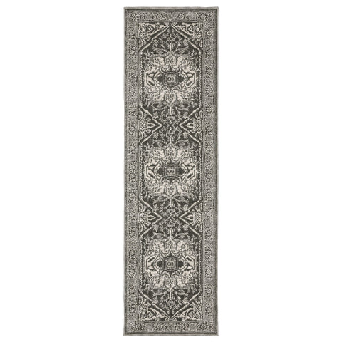 8' Gray And Ivory Oriental Runner Rug
