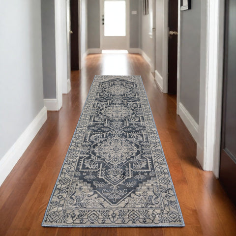 8' Blue And Gray Medallion Runner Rug
