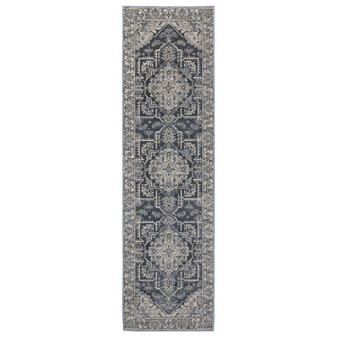 8' Blue And Gray Medallion Runner Rug
