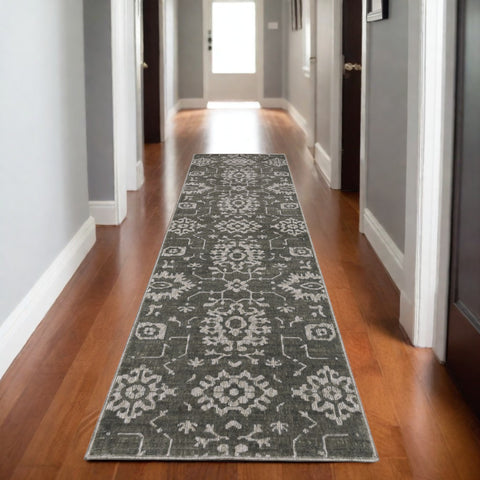 8' Gray And Ivory Oriental Runner Rug