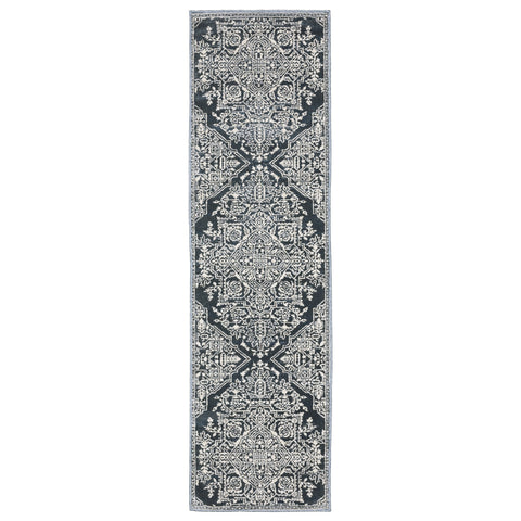 8' Blue And Ivory Oriental Runner Rug