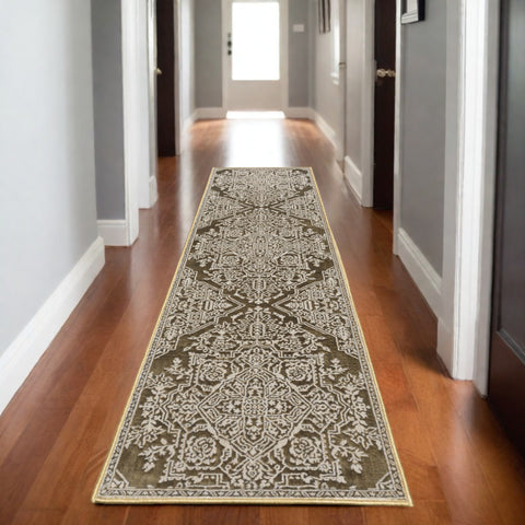8' Gold And Beige Oriental Runner Rug