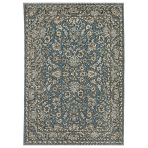 3' X 5' Blue And Beige Oriental Area Rug With Fringe