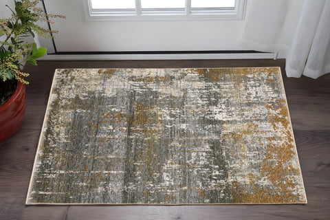 3' X 5' Gray And Gold Abstract Area Rug With Fringe