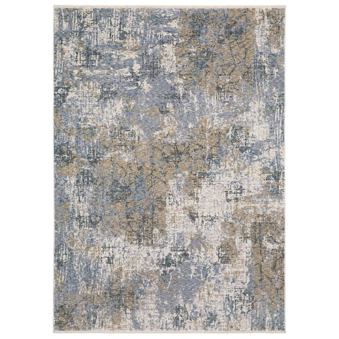 3' X 5' Beige And Blue Abstract Area Rug With Fringe