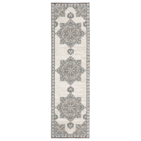 8' Gray And Blue Medallion Runner Rug