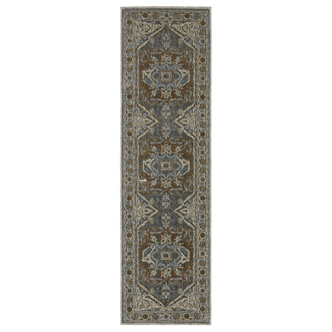 8' Blue Ivory And Brown Medallion Runner Rug