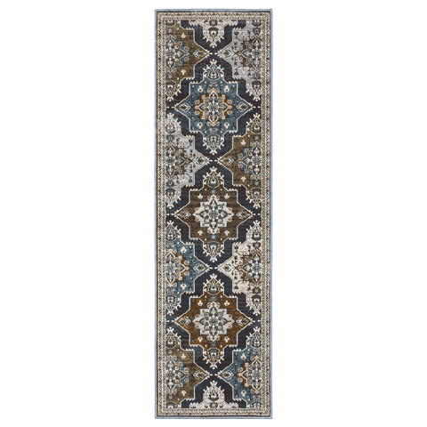 8' Gray And Blue Medallion Runner Rug