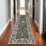8' Blue Gray And Ivory Oriental Runner Rug