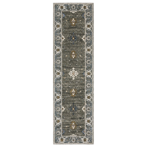 8' Blue Gray And Ivory Oriental Runner Rug