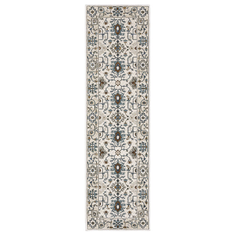 8' Ivory And Blue Oriental Runner Rug