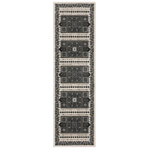 8' Gray And Blue Medallion Runner Rug