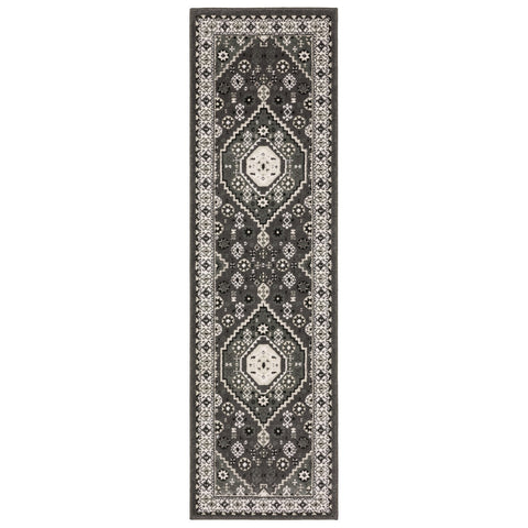 8' Gray And Ivory Medallion Runner Rug