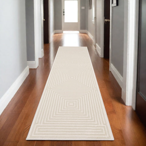 8' Ivory And Beige Geometric Runner Rug